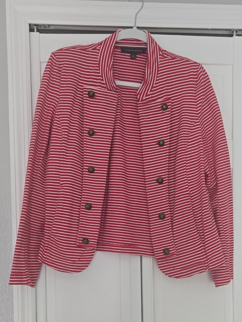 Tommy Hilfiger Red and White Striped Double-Breasted Blazer
